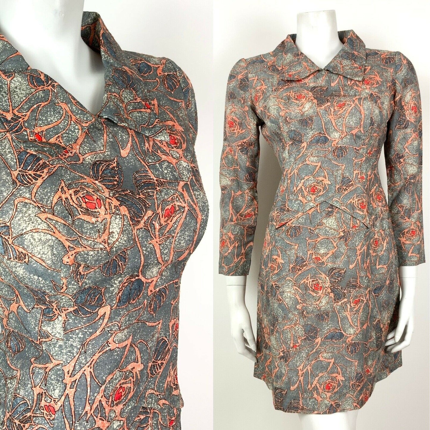 VINTAGE 60s 70s BLUE GREY ORANGE RED LEAF FLORAL ROSE SHIRT DRESS 10 12