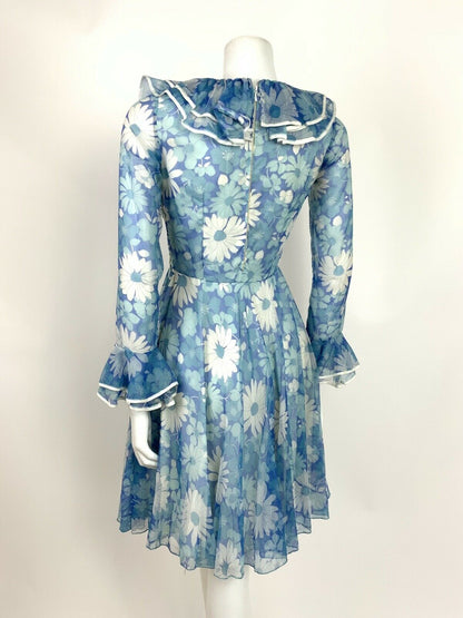 VTG 60s 70s FLORAL BLUE WHITE JABOT RUFFLE FLOUNCE SLEEVE SUMMER DRESS 8 10