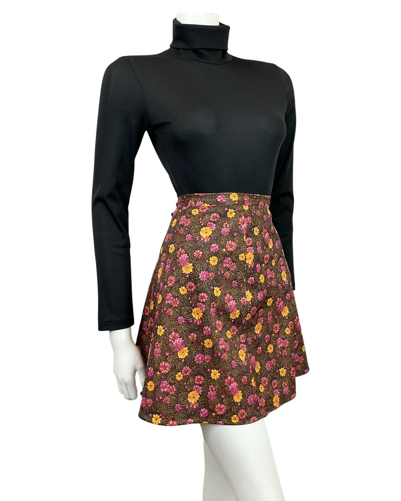 VINTAGE 60s 70s BROWN PINK YELLOW DOTTY FLORAL A-LINE SHORT SKIRT 8 10