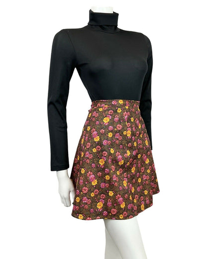 VINTAGE 60s 70s BROWN PINK YELLOW DOTTY FLORAL A-LINE SHORT SKIRT 8 10