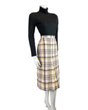 VINTAGE 60s 70s WHITE PINK BLUE PLAID TARTAN CHECKED MOD MIDI SKIRT 6