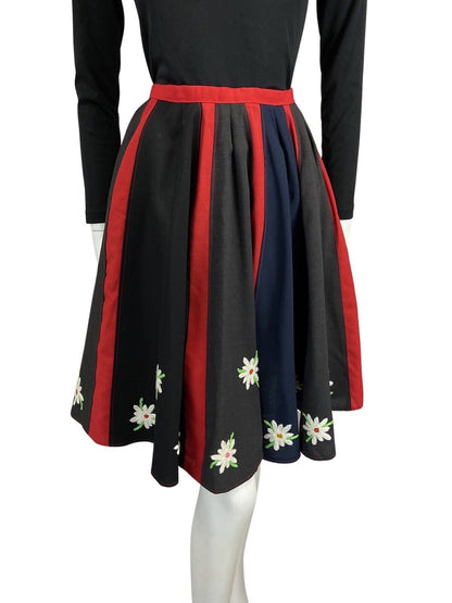 VTG 60s 70s BLACK NAVY RED DAISY EMBROIDERY FLOATY BOHO FOLK A-LINE SKIRT 8 10