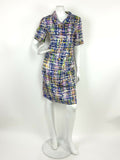 VINTAGE 60s 70s WHITE GREEN BLUE PINK CHECKERED GRID GEOMETRIC SHIRT DRESS 10 12