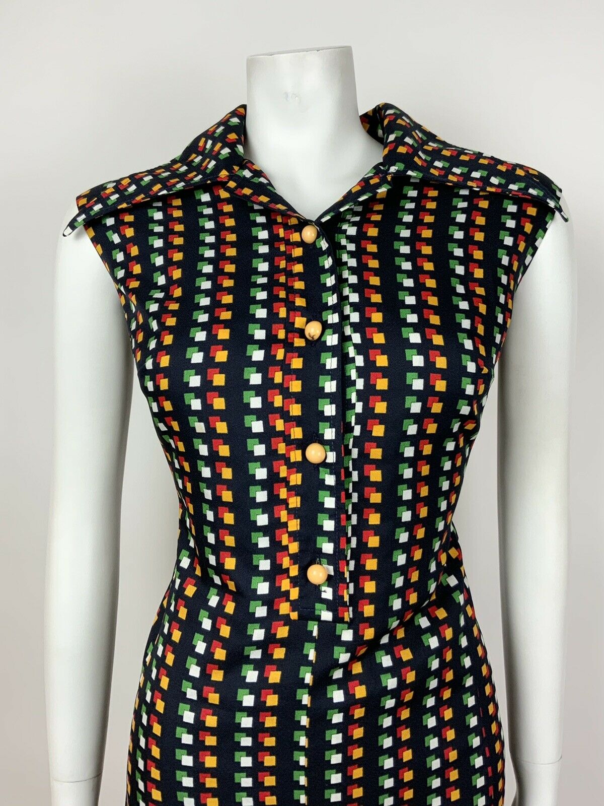 VTG 60s 70s BLACK GREEN RED WHITE YELLOW GEOMETRIC WING COLLAR SHIRT DRESS 14 16