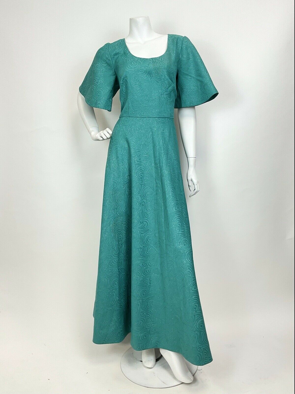 VTG 60s 70s GREEN SILVER GOLD FLORAL SWIRL BELL SLEEVE PARTY MAXI DRESS 12 14