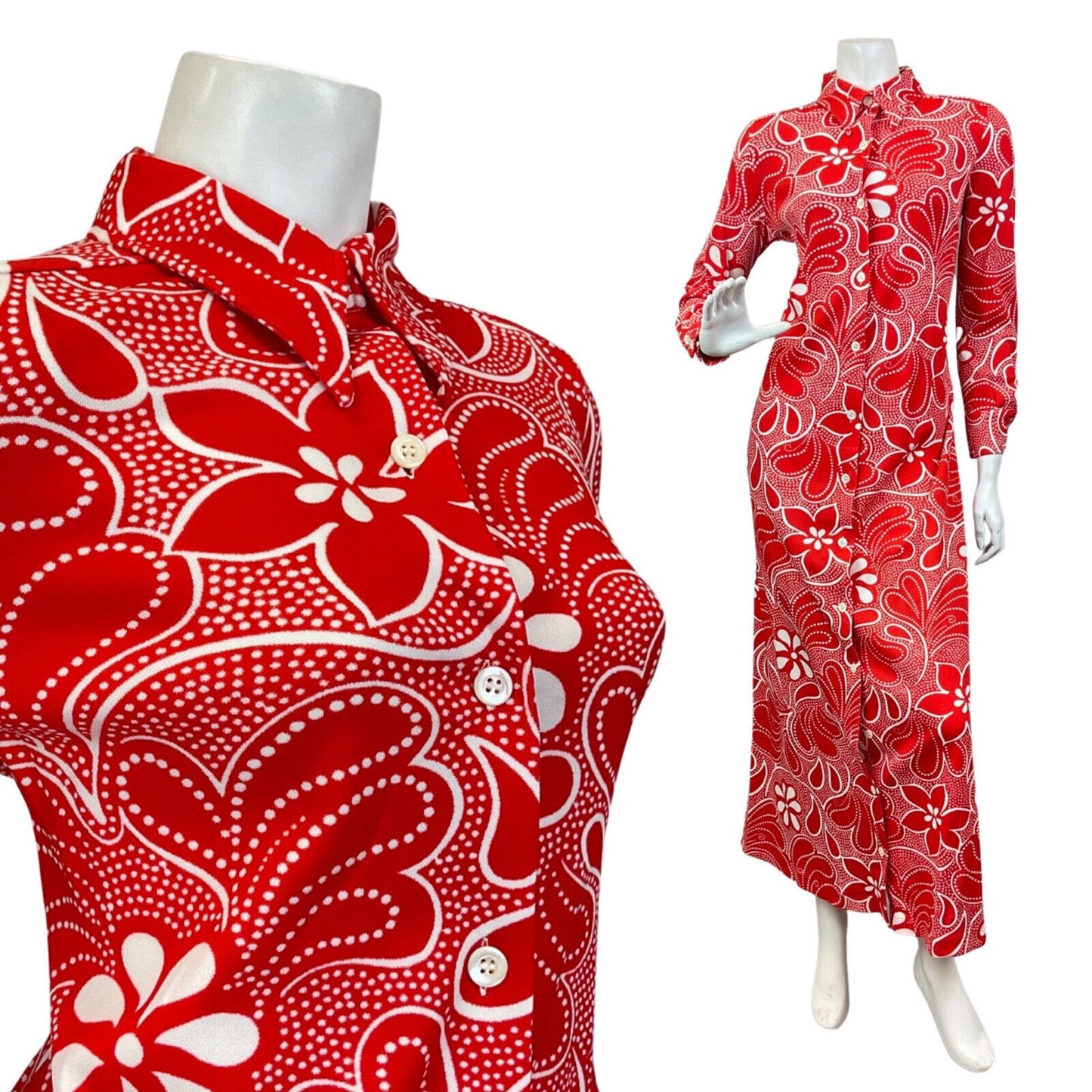 VINTAGE 60s 70s BRIGHT RED WHITE FLORAL DOTTY DAGGER COLLAR MOD MAXI DRESS 14