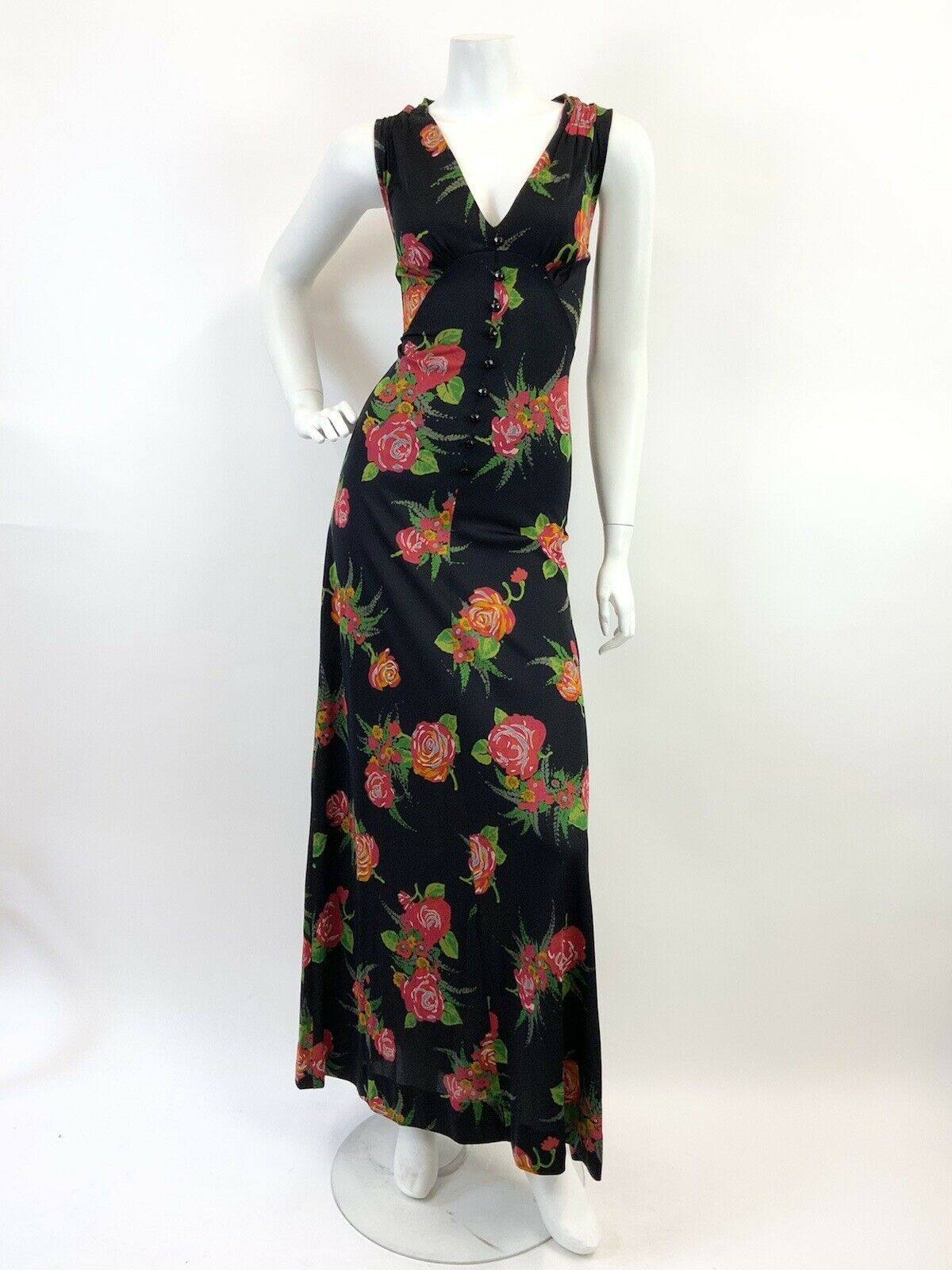 VINTAGE 60s 70s BLACK RED GREEN FLORAL ROSE BOUQUET SLEEVELESS MAXI DRESS 10 12