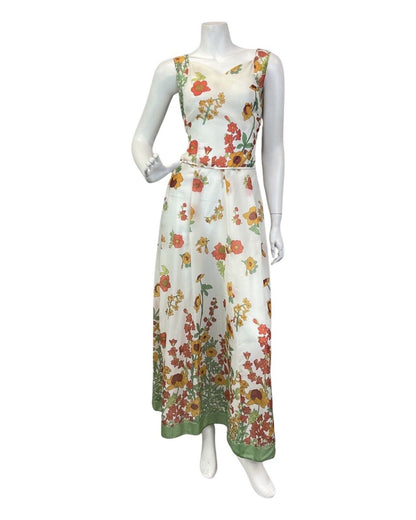 VINTAGE 60s 70s WHITE RED GREEN FLORAL GARDEN SLEEVELESS MAXI DRESS 8