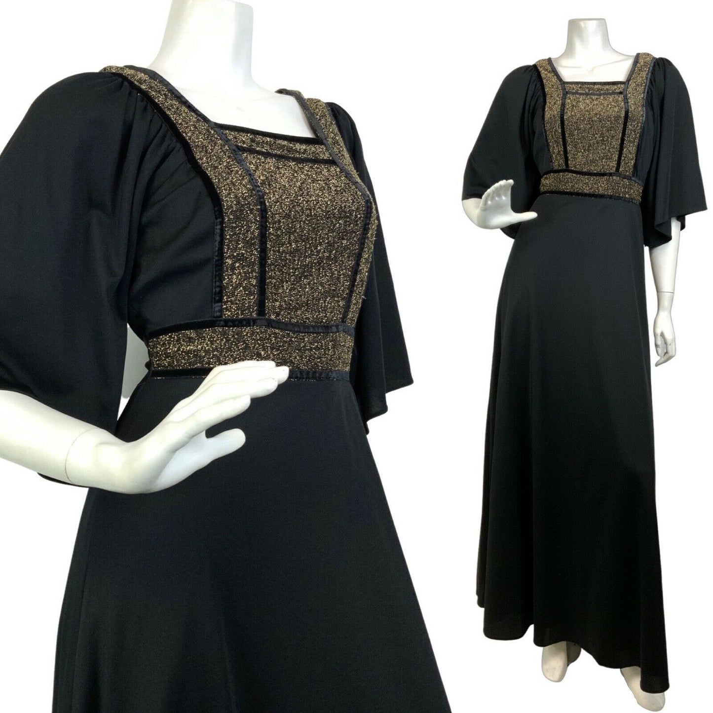 VINTAGE 60s 70s BLACK GOLD LUREX BELL SLEEVE BOHO PARTY DISCO MAXI DRESS 8