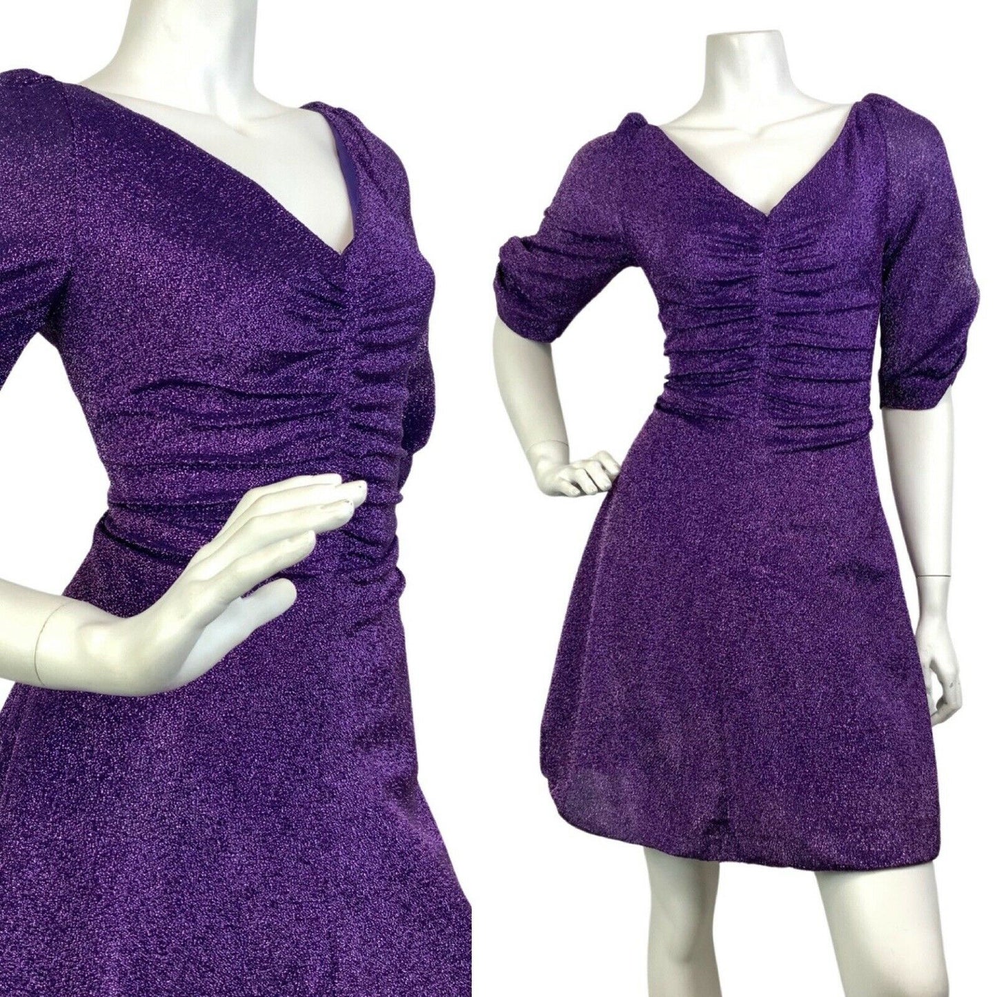 VINTAGE 60s 70s VIOLET PURPLE SPARKLY LUREX PUFF SLEEVE DISCO PARTY DRESS 8