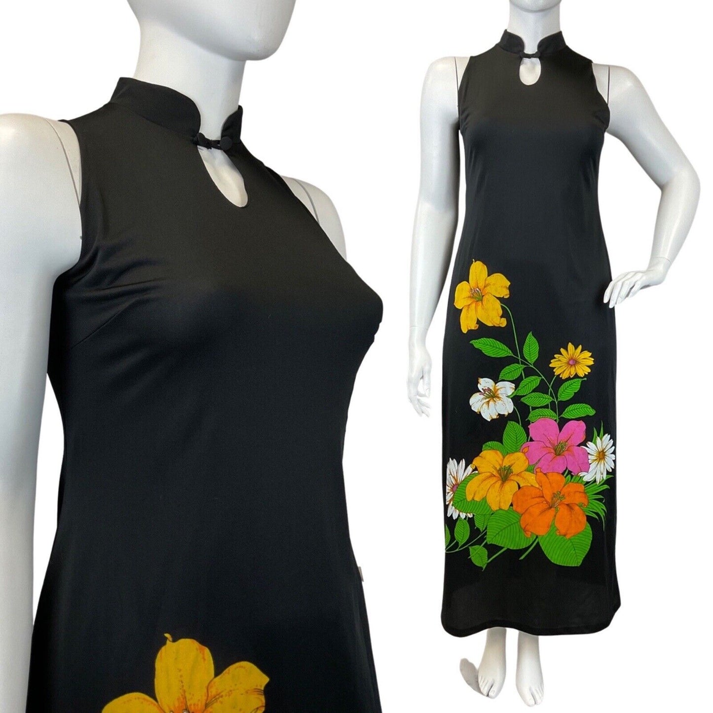 VTG 60s 70s BLACK GREEN YELLOW FLORAL MANDARIN COLLAR SLEEVELESS MAXI DRESS 16