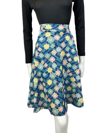 VINTAGE 60s 70s GREEN BLUE YELLOW GEOMETRIC FLORAL MANDALA SWING SKIRT 10 12