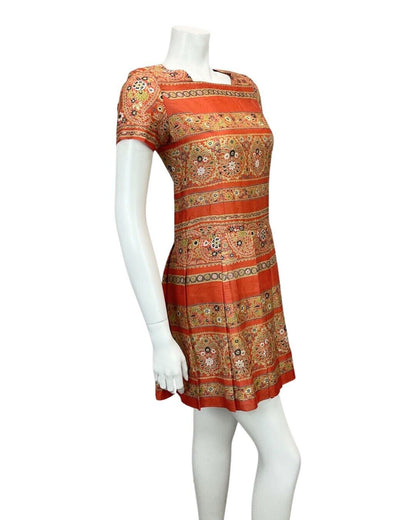 VINTAGE 60s 70s ORANGE GOLD PATTERNED PLEATED MINI DRESS 6 8