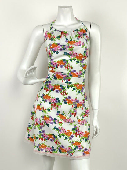 VINTAGE 60s 70s WHITE PINK ORANGE PURPLE GREEN FLORAL DAISY HALTER MINI DRESS 12