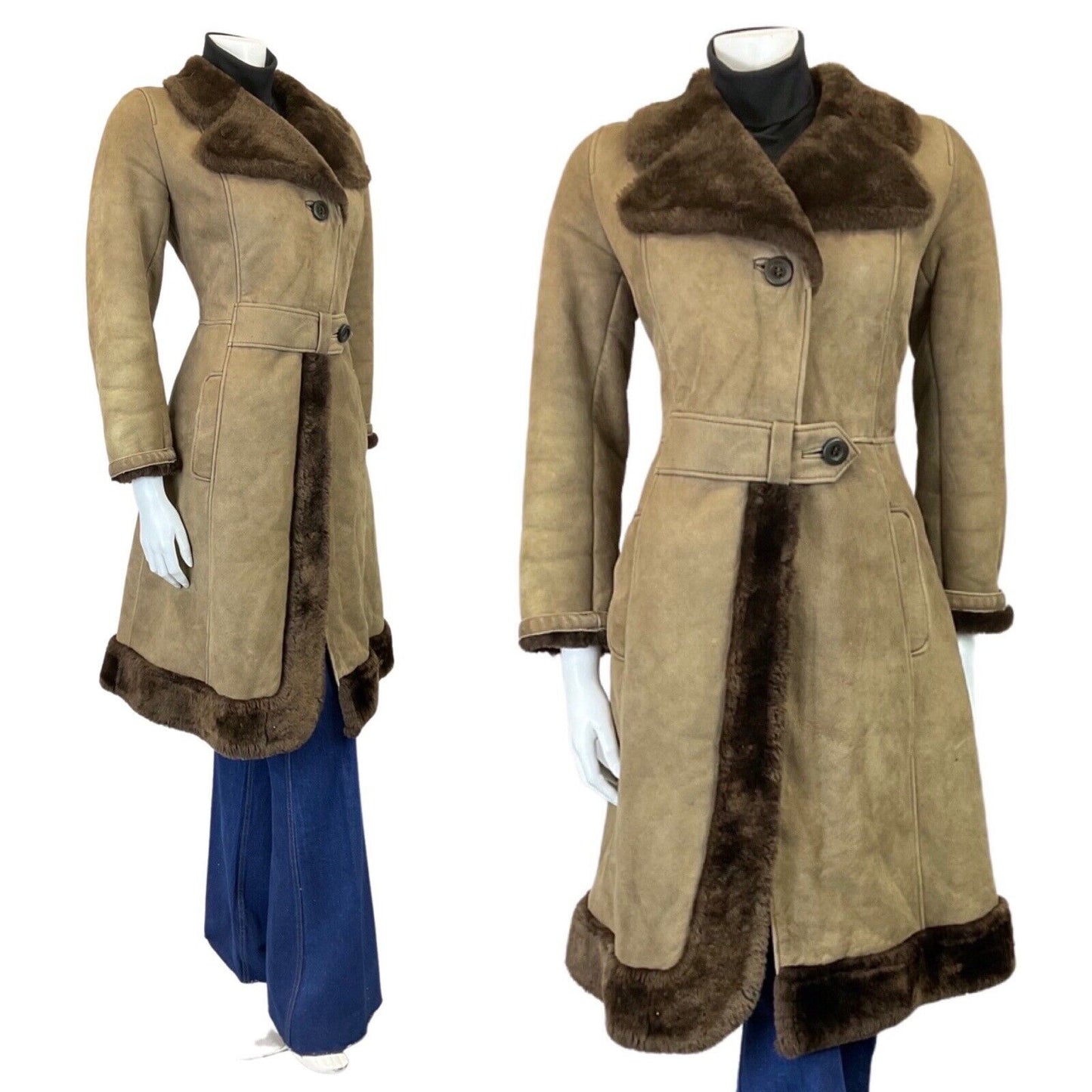 VINTAGE 60s 70s PEANUT BROWN SUEDE LEATHER BOHO MOD SHEARLING PRINCESS COAT 10