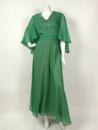 VINTAGE 60s 70s GREEN SILVER IRIDESCENT SEQUIN BEADED CAPED SHEER MAXI DRESS 12