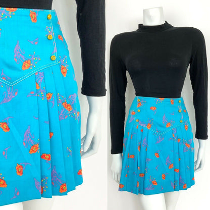 VTG 60s 70s BETTY BARCLAY BLUE ORANGE PURPLE FLORAL PLEATED MINI SKIRT 4