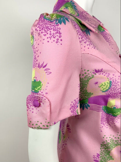 VTG 60s 70s PSYCHEDELIC PINK PURPLE BLUE GREEN SQUARE FLORAL SHIRT DRESS 12