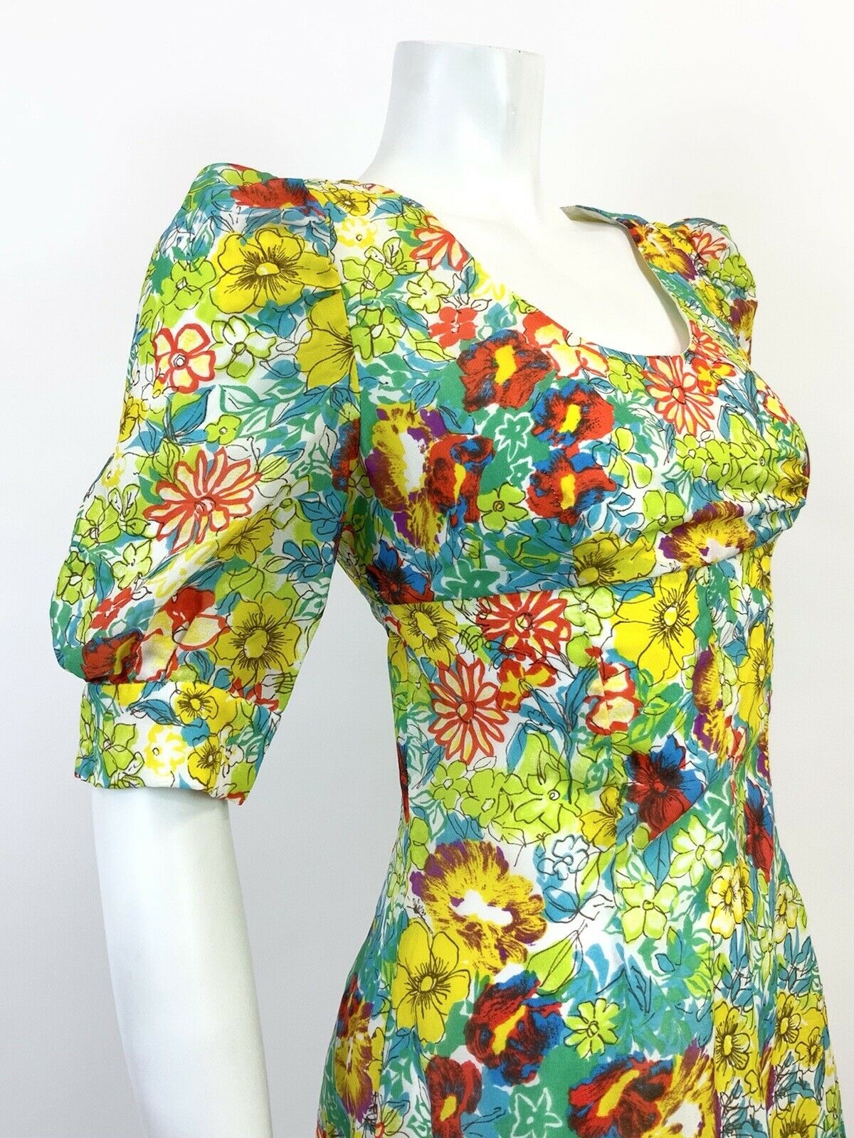 VTG 60s 70s GREEN BLUE YELLOW PSYCHEDELIC FLORAL PUFF SLEEVE MOD MINI DRESS 8