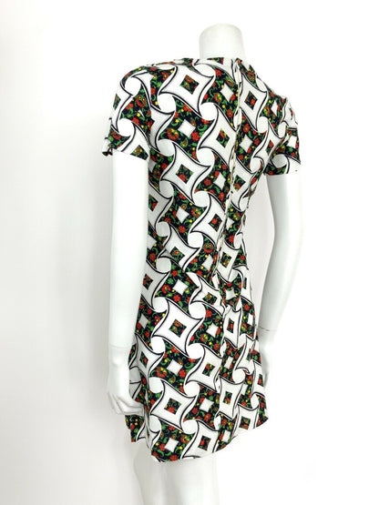 VTG 60s 70s WHITE RED GREEN BLUE ABSTRACT FLORAL SUMMER SHIFT DRESS 8 10