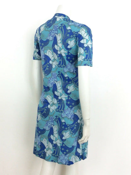 VTG 60S 70S BLUE WHITE TURQUOISE PSYCHEDELIC PRINT DRESS 10 12