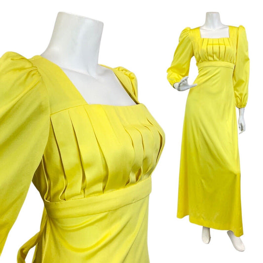 VINTAGE 60s 70s LEMON YELLOW EMPIRE LINE BOHO PRAIRIE SUMMER MAXI DRESS 8 10