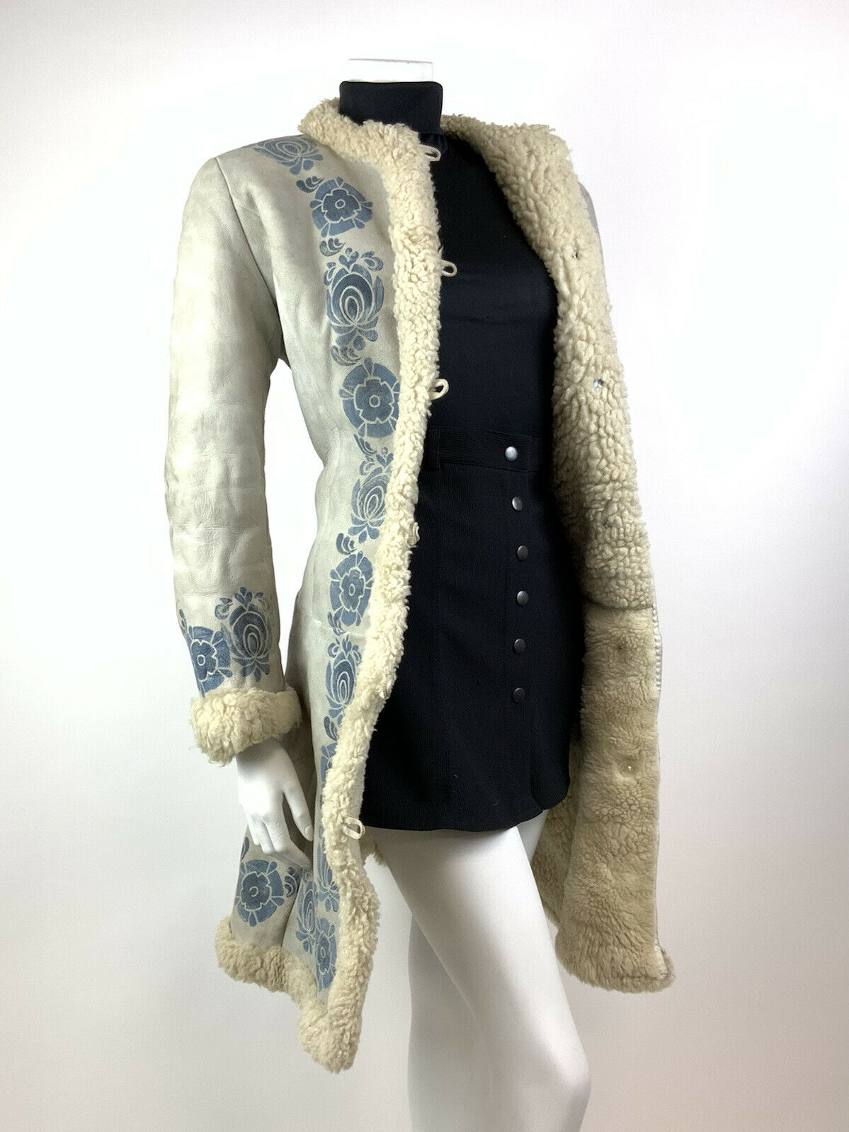 VTG 60s 70s GREY CREAM BLUE FLORAL SUEDE SHEARLING SHEEPSKIN MOD COAT 12 14