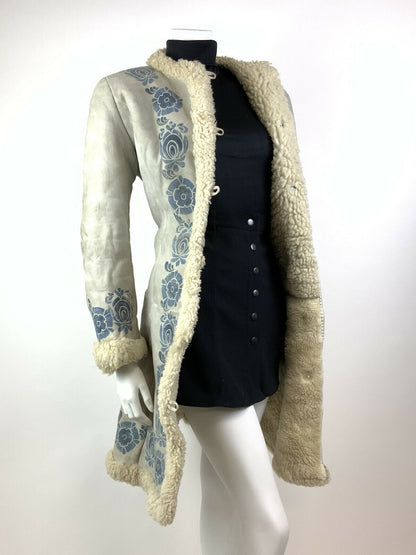 VTG 60s 70s GREY CREAM BLUE FLORAL SUEDE SHEARLING SHEEPSKIN MOD COAT 12 14