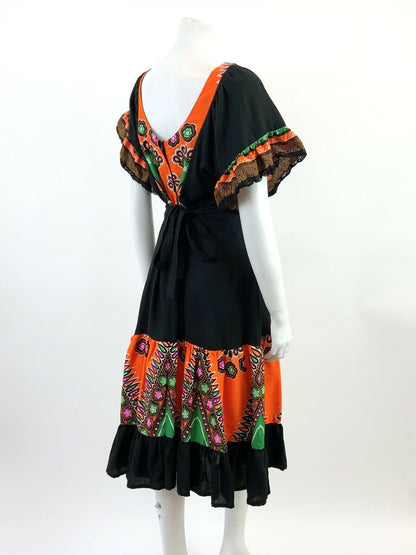 VINTAGE 60s 70s BLACK ORANGE GREEN FLORAL BOHO FOLK RUFFLED MIDI DRESS 12 14