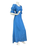 VINTAGE 60s 70s BRIGHT BLUE EMBROIDERED ANGLAISE BOHO PRAIRIE MAXI DRESS 8 10