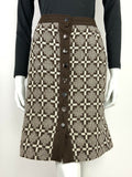 VINTAGE 60s 70s BROWN WHITE GEOMETRIC ABSTRACT MIDI A-LINE SKIRT 8 10