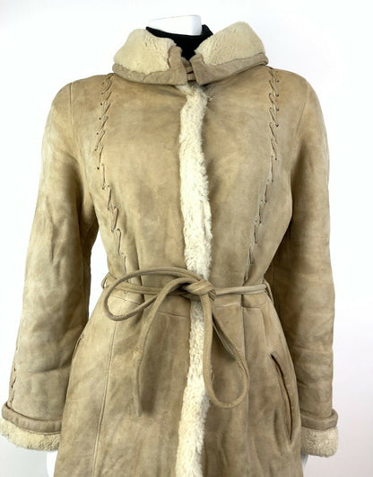 VINTAGE 60s 70s SAND CREAM SUEDE LEATHER SHEARLING BOHO FOLK PRINCESS COAT 10 12