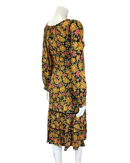 VINTAGE 60s 70s GOLD BLACK PINK FLORAL ROSE BOHO PRAIRIE LONGSLEEVE MIDI DRESS 6