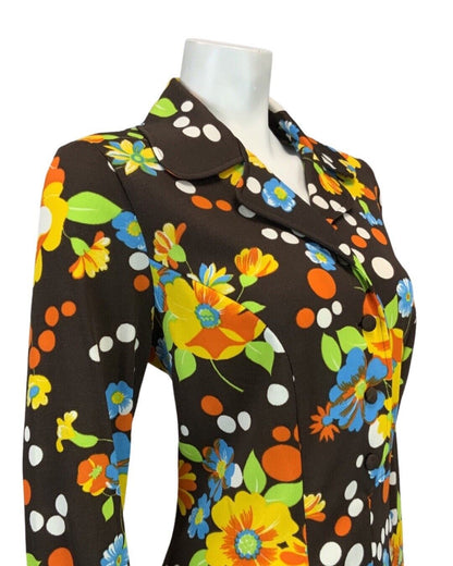 VTG 60s 70s BROWN ORANGE YELLOW FLORAL SPOTTY PSYCHEDELIC MOD SHIRT DRESS 14