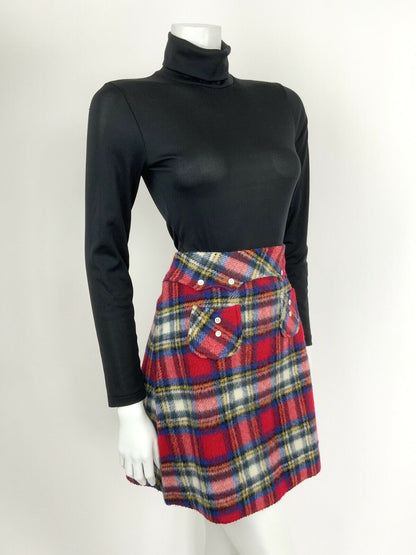 VINTAGE 60s 70s BLUE RED WHITE YELLOW WOOL TARTAN A-LINE MOD SHORT SKIRT 10