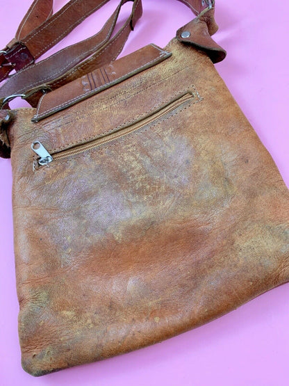 VTG 60s 70s TOFFEE BROWN SILVER STUDDED STAMPED BOHO FOLK LEATHER SHOULDER BAG