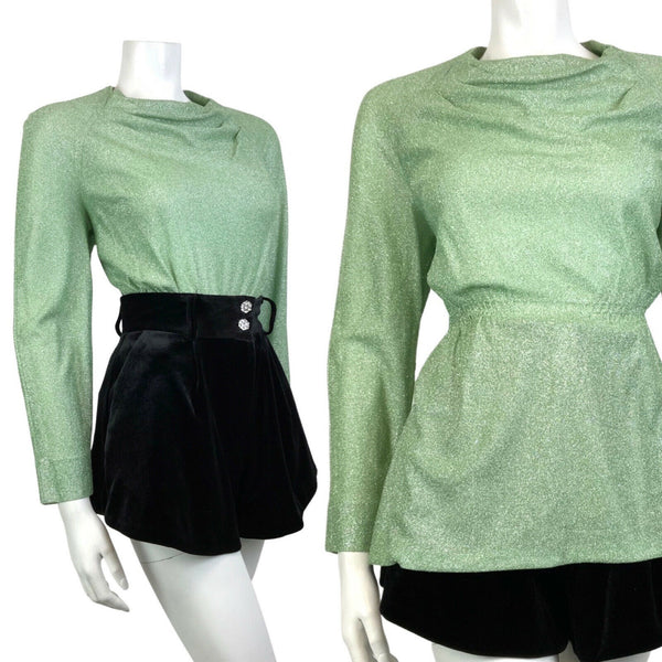 VINTAGE 60s 70s MINT GREEN SILVER SPARKLY LUREX DISCO PARTY BLOUSE TOP 14 16