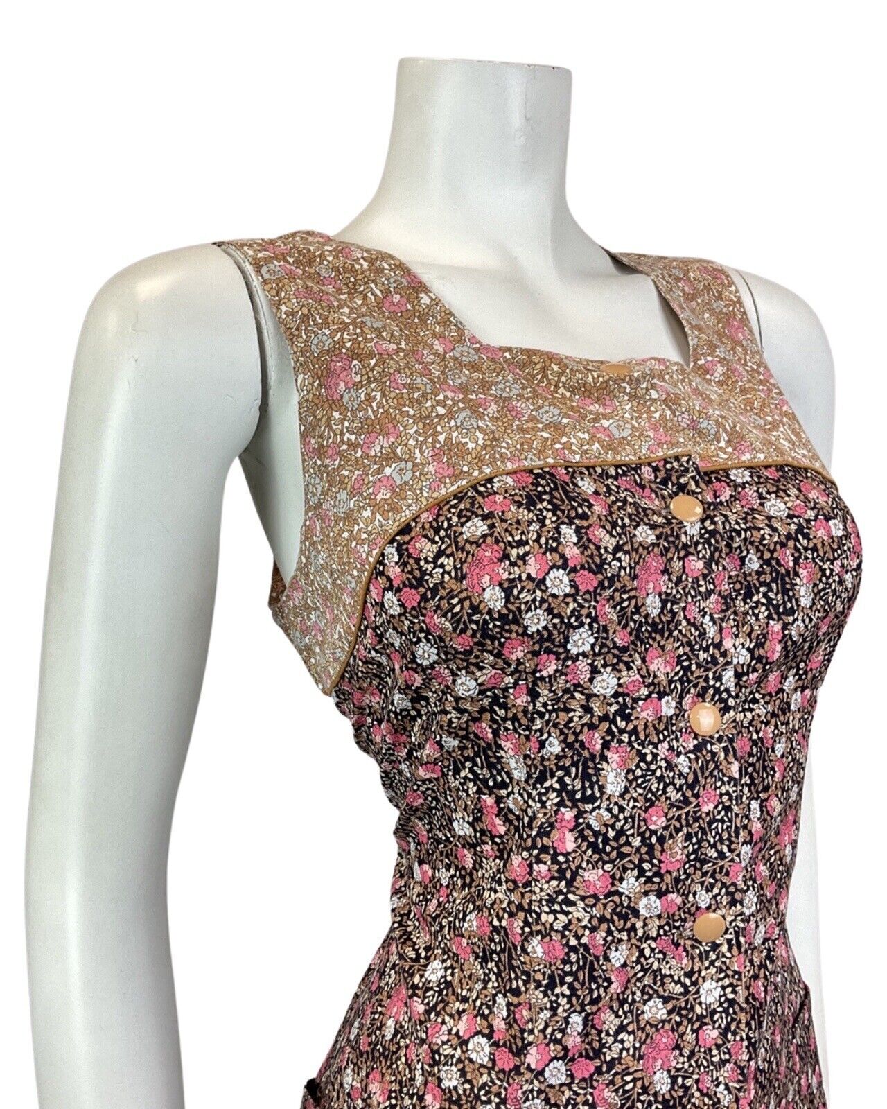 VINTAGE 60s 70s BLACK BROWN PINK DITSY FLOWER PINAFORE PINNY SUMMER DRESS 10 12