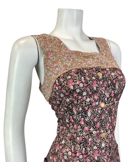 VINTAGE 60s 70s BLACK BROWN PINK DITSY FLOWER PINAFORE PINNY SUMMER DRESS 10 12