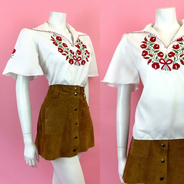 VTG 60s 70s WHITE RED FLORAL EMBROIDERED WING COLLAR BELL SLEEVE BLOUSE 12 14