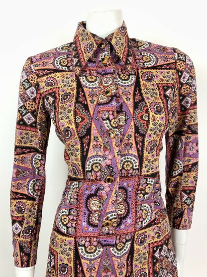 VTG 60s 70s PURPLE BLACK RED BEIGE FLORAL PSYCHEDELIC DAGGER SHIRT DRESS 8 10