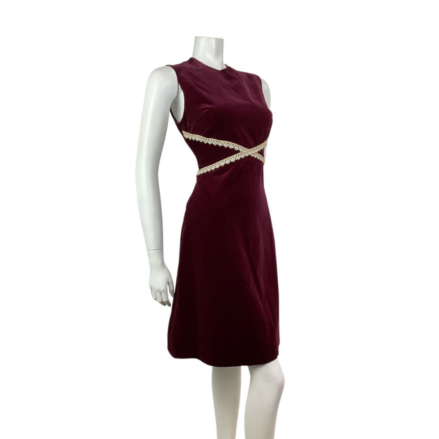 VINTAGE 60s 70s WINE RED SILVER GOLD VELVET SLEEVELESS PARTY GLAM DRESS 10