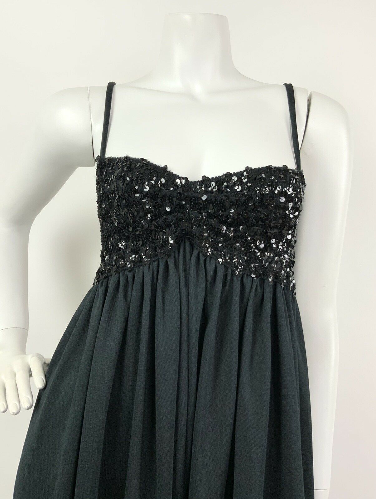 VINTAGE 60s 70s BLACK SEQUIN DISCO GLAM STUDIO 54 STRAPPY MAXI DRESS 4 6