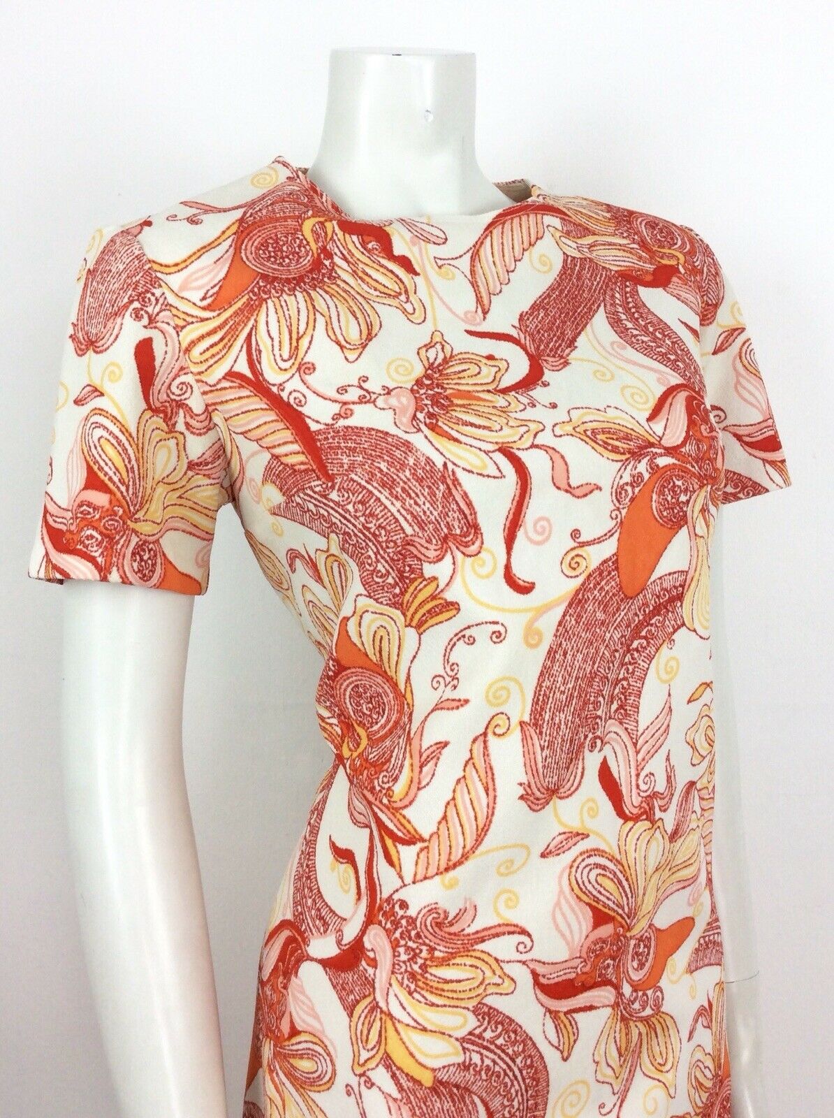 60S 70S VINTAGE ORANGE CREAM PSYCHEDELIC FLORAL SHIFT DRESS 14