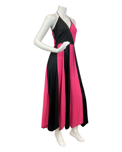 VINTAGE 70s NEON PINK BLACK DISCO STRAPPY HALTER MAXI DRESS 8