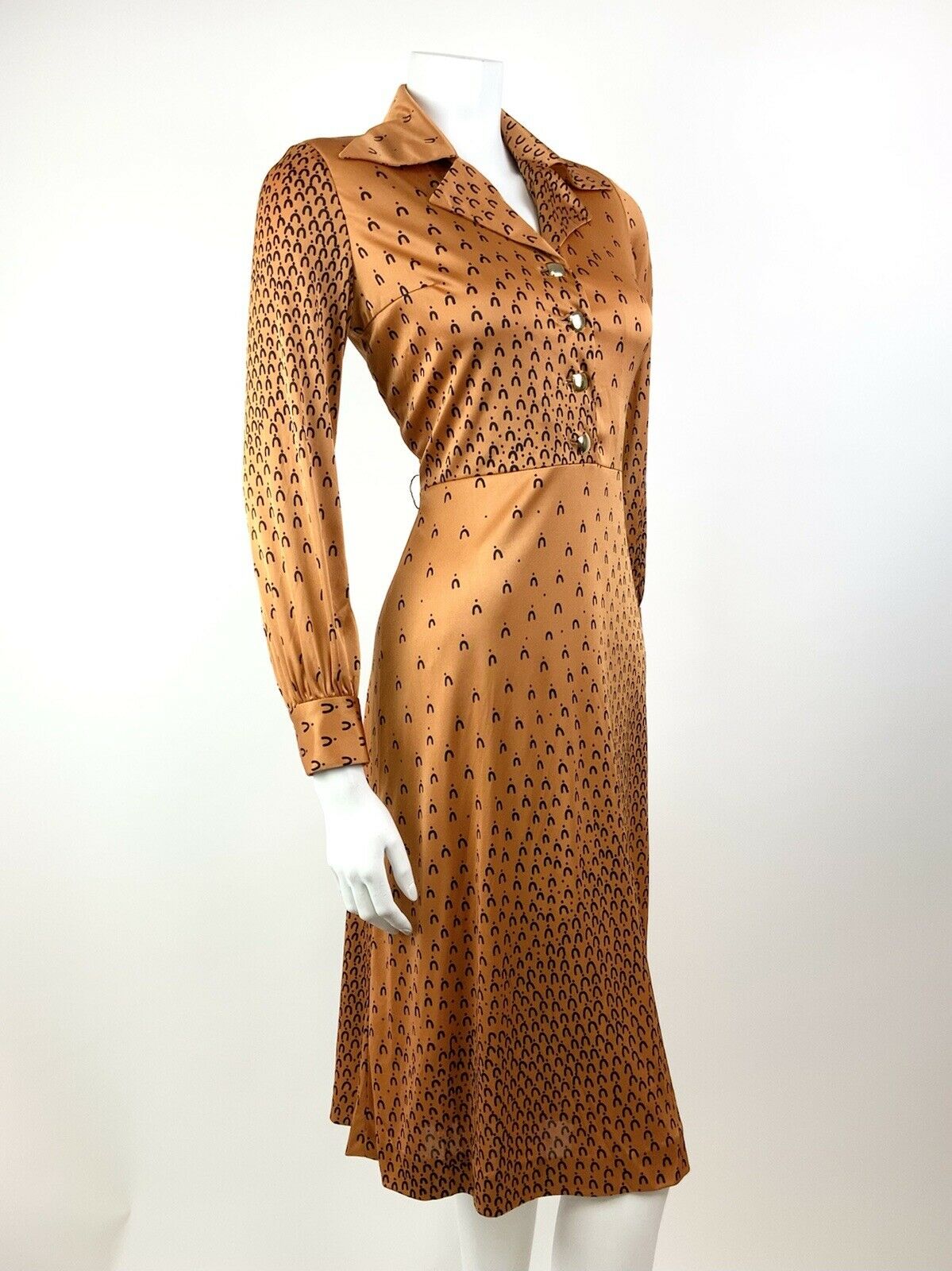 VINTAGE 60s 70s ORANGE BRONZE BLACK GEOMETRIC MOD DAGGER SHIRT DRESS 8 10