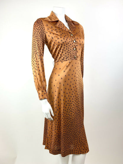 VINTAGE 60s 70s ORANGE BRONZE BLACK GEOMETRIC MOD DAGGER SHIRT DRESS 8 10