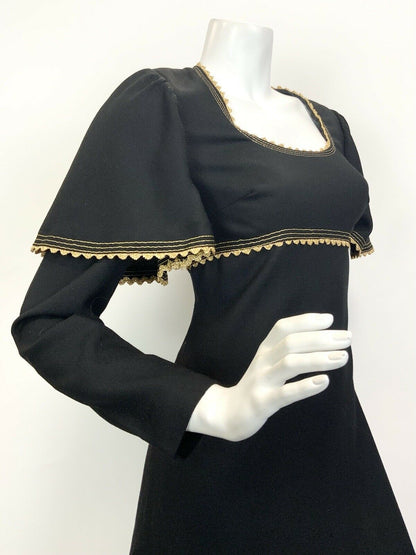 VTG 60s 70s BLACK GOLD RICRAC CAPE-SLEEVE GLAM PARTY EMPIRE LINE MAXI DRESS 8