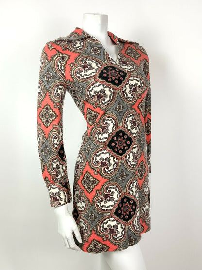 VINTAGE 60s 70s GREY ORANGE BLACK FLORAL TILE WING COLLAR SHIFT MINI DRESS 12 14