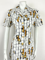 VINTAGE 60s 70s WHITE YELLOW BLUE CREAM GEOMETRIC WING COLLAR SHIRT DRESS 10 12